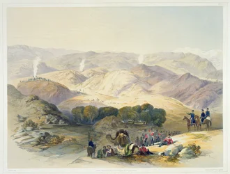Jugdelluk, den sista ställningen för general Elphinestones armé under den katastrofala reträtten, tavla 21 från "Scenery, Inhabitants and Costumes of Afghanistan", graverad av Hulme, 1848.